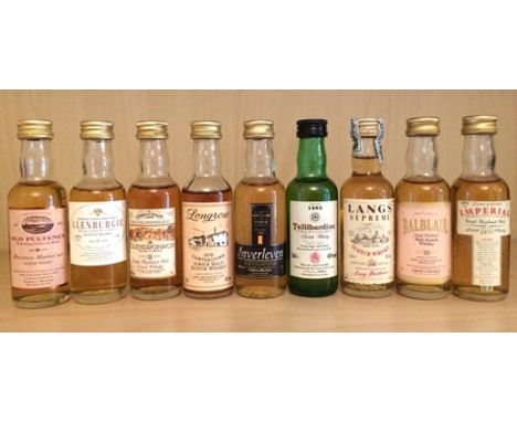 NINE SCOTCH WHISKY 5cl BOTTLES comprising; Longrow 1973 Campbeltown, 46% vol., Old Pulteney 8 year old, Inverleven 1984 40% v