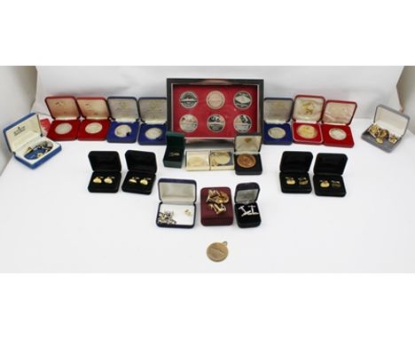 A COLLECTION OF COMMEMORATIVE MEDALLIONS mainly relating to QE II Cunard Liner including; a set of six medals mounted in a ch