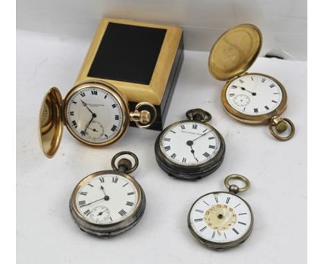 A HUNTER STYLE POCKET WATCH in a 10ct gold plated case, white enamel dial inscribed "Cameron & McEachern, Greenock", one othe