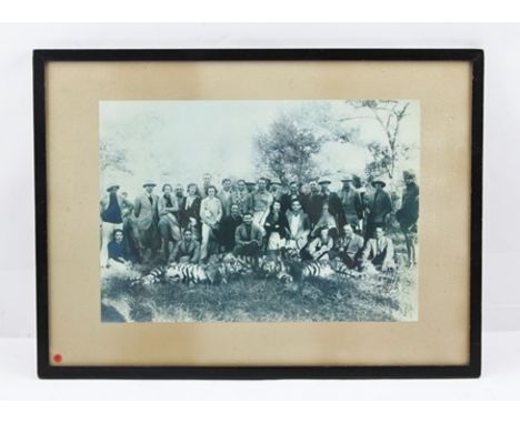 TIGER HUNTING PHOTOGRAPH - depicting the hunting party posing before three trophy tigers, image size 33cm x 23cm, frame size 