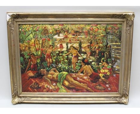 AFTER ADRIEN-JEAN LE MAYEUR (1880-1958) "Bermain di Kaam" (playing in the pool), an Indonesian-Bali fantasy of semi-clad youn