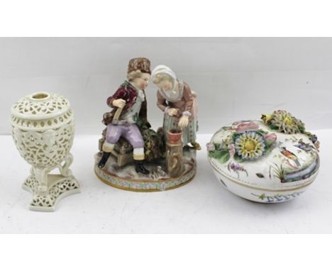 AN EARLY 20TH CENTURY MEISSEN PORCELAIN FIGURE GROUP "Winter" depicts a boy sat upon a sledge and a girl warming her hands at