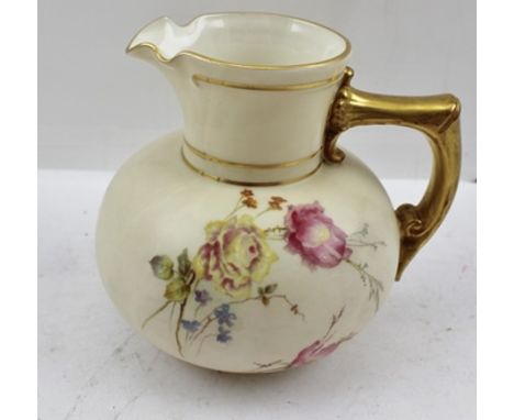 A ROYAL WORCESTER PORCELAIN JUG, ivory ground, hand painted floral decoration, gilded handle, factory marks to base, no.1376 