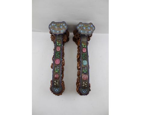 A PAIR OF LATE 20TH CENTURY CHINESE SILVER RUYI SCEPTRES, filigree decoration with enamel work and cabochon set stones, 34cm 