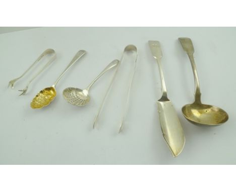 A PAIR OF GEORGE III SILVER SUGAR NIPS, having bright cut decoration, together with MISCELLANEOUS SILVER ITEMS, to include a 
