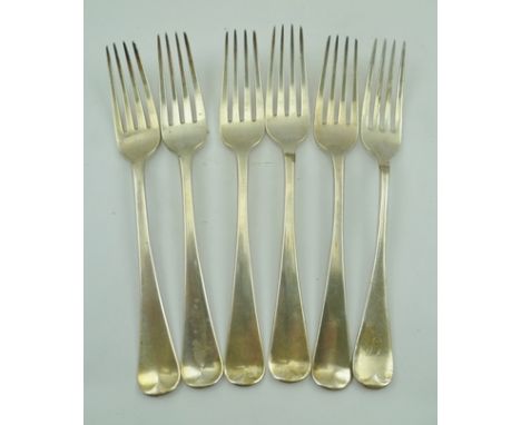 SOLOMON HOUGHAM  FIVE EARLY 19TH CENTURY SILVER "HANOVERIAN" PATTERN TABLE FORKS, London 1814, engraved with a bird crest and