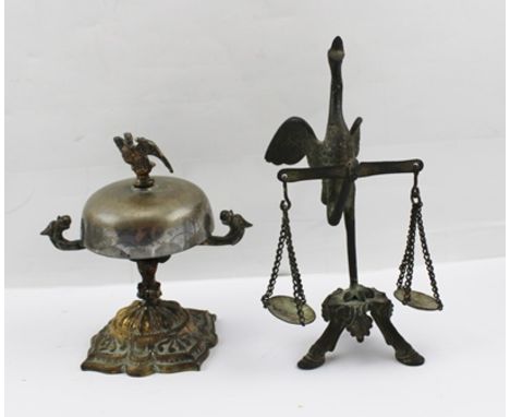 A LATE VICTORIAN DESK BELL, cast and gilded owl mount, two sprung strikers and a decorative gilt metal base, 13.5cm high, tog