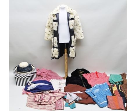 A "VICTORIA ANNE" LADY'S STRAW FASHION HAT in blue and white striped hexagonal hat box, together with ITEMS OF MID 20TH CENTU