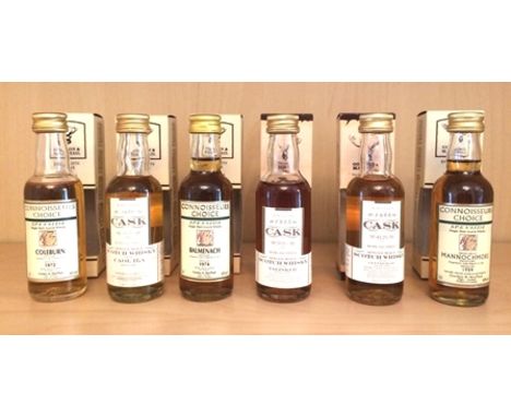 SIX CONNOISSEURS CHOICE & CASK 5cl SINGLE MALT SCOTCH WHISKIES comprising; Coleburn 1972, Balmenach 1974, Mannochmore 1984 an