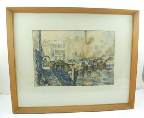 GEORGE BUSBY R.B.S.A., M.S.I.A.D., S.G.A., F.R.S.A. (1926-2005)  "Gas Street Basin, Birmingham" with narrow boats, line drawi
