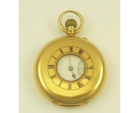 AN 18CT GOLD CASED HALF HUNTER GENTLEMAN'S POCKET WATCH, white enamel dial with Roman numerals and secondary dial, the front 