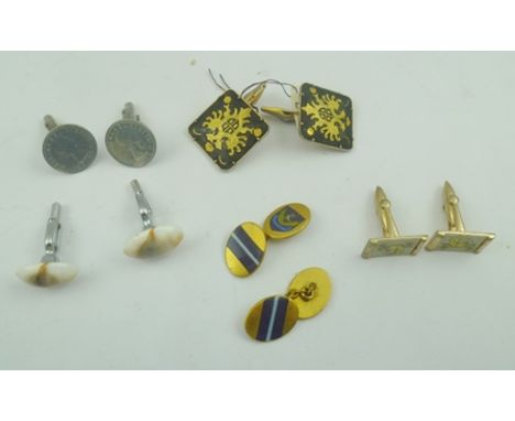 FIVE PAIRS OF CUFFLINKS including; crested, polished stone, sixpences, heraldic etc. 