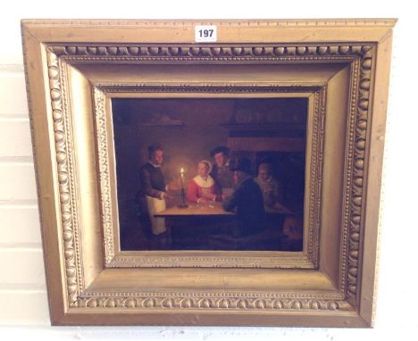 C19th Dutch Oil on Board Interior Scene with lady & gentleman playing cards & attendant standing by with lighted candle, visi