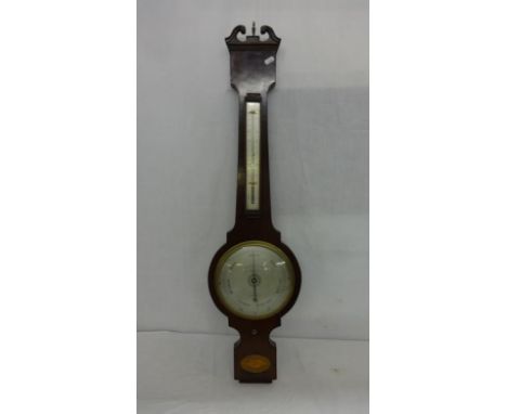 C19th Mahogany Banjo Barometer marked Chamberlain & Sons 203 High Holborn London, oval marquetry inlay with mercury dual gaug