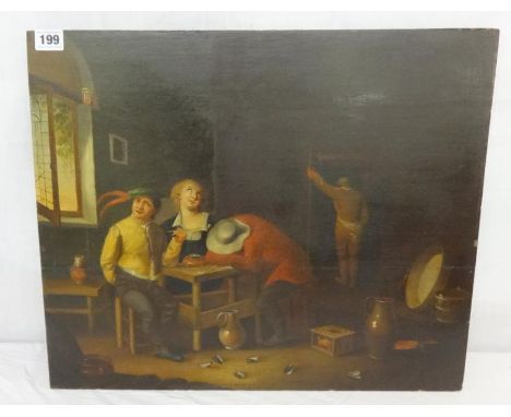 C19th Oil on Board Dutch Interior Scene, figures seated at a table with muscle shells scattered on the floor, monogrammed TD,