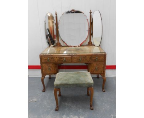 Continental Art Deco Burr Figured Walnut Dressing Table on cabriole hoofed carved supports, 2 long drawers with 2 deep short 