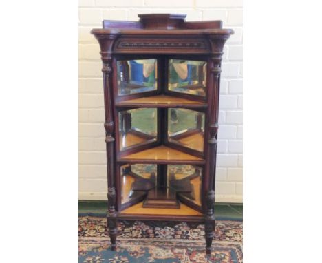 C19th Rosewood & Birdseye Maple Corner What-not on turned carved fluted front supports, 3 shelves with 2 bevelled glass mirro