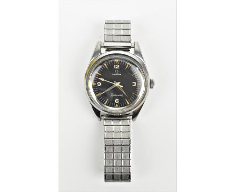 A gents stainless steel Omega Railmaster, circa 1963, Ref 2914-1 SC, with a black dial having baton hour markers and quarterl