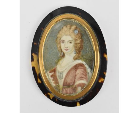 British School, a Georgian miniature portrait on ivory of an aristocratic lady in rich clothing and ermine fur, within a bras