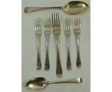 A George III old English pattern silver table fork, three dessert forks and a dessert spoon, London 1800, 1802 and 1805, by W