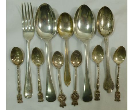 Two silver commemorative teaspoons celebrating the coronation of Queen Elizabeth II, four French souvenir teaspoons, four oth