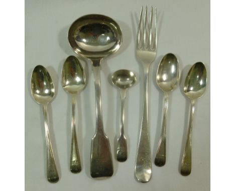 Seven items of 19th century silver flatware comprised of four teaspoons, a mustard spoon, a sauce ladle and a fork, each engr