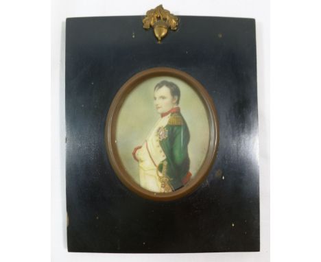 An oval portrait miniature on ivory of Napoleon, indistinctly signed, 7.5cm x 6.1cm, housed in metal mount and rectangular eb