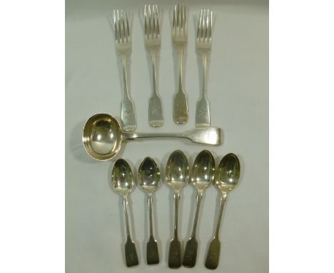 Ten items of Victorian silver fiddle pattern flatware, comprised of two coffee spoons, three teaspoon, a sauce ladle and four