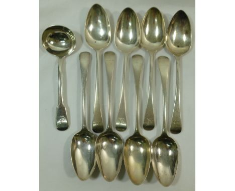 Four George III silver old English pattern table spoons, London 1791, by Richard Crossley, and four other similar silver tabl