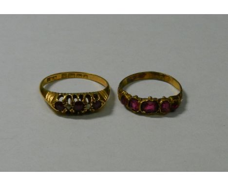 A late Victorian 18 carat gold ruby and diamond five stone ring, Birmingham 1900, 2.9g gross, finger size K, and a 19th centu