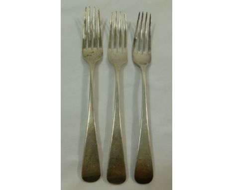 A pair of George III silver old English pattern table forks, Exeter 1812, by Joseph Hicks, and one other similar silver table