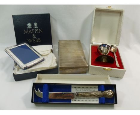 A silver cigarette box, Birmingham 1911, with engine turned decoration and engraved initials 'EGW', a Kings pattern silver ha