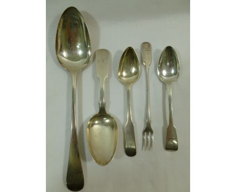 A George III old English pattern table spoon, Newcastle 1812 by Dorothy Langlands, two Scottish silver spoons comprised of a 