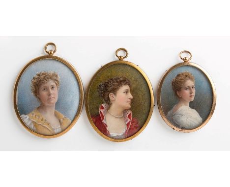 Cissie Chalker of Bath (19th century), a family group of three oval portrait miniatures on ivory, including Miss Betty Chalke