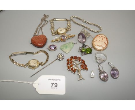 An amethyst and seed pearl bar brooch, a lady's 9ct gold Rotary wristwatch on rolled gold strap, a gold mounted cameo and a s