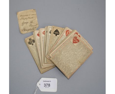 A set of 'The World' playing cards, each suit as a Continent, text description to each card, John Hunt, late 18th century