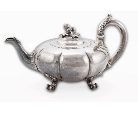 John Samuel Hunt (Hunt and Roskell), a silver melon form teapot with acorn finial to lid, acanthus thumbpiece to loop handle,