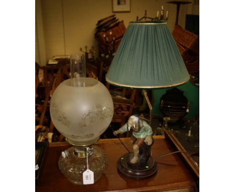 A 20th century table lamp, the circular base applied with a Chinese clay figure of a traveller, together with a Victorian par