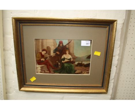 A late 19th century crystoleum decorated with musicians and dog on a terrace with seascape beyond, 15 x 24cm