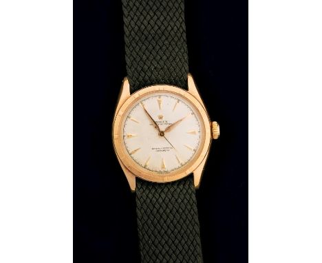 Rolex, a mid twentieth century rose gold Rolex Oyster Perpetual officially certified chronometer wristwatch, the circular cha