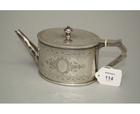 Probably Stephen Smith, a silver bachelor's teapot of oval form, with angular handle and spout, urn finial to lid, the body e