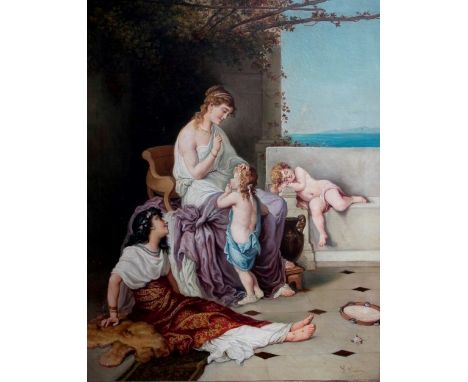 G. Gordon (19th/20th century) An Italianate scene, with classically dressed mother and children on a terrace with quiet seasc