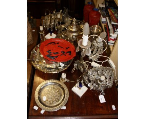 A collection of silver plated wares, together with faux lacquer vase, table lustres, two lustre table lamps and a half corone