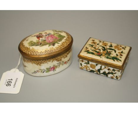 A 19th century porcelain ormolu mounted box of oval form, the hinged cover painted with a courting couple in a landscape, the