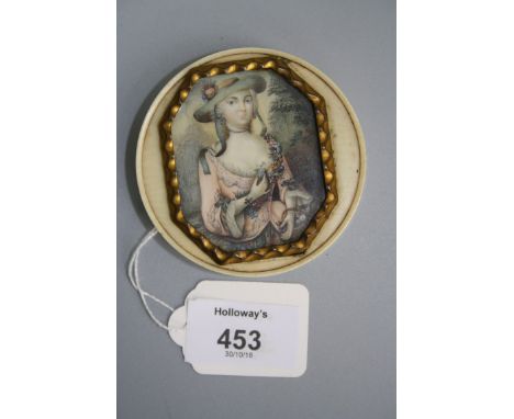 Early 19th century, European School A portrait miniature, three quarter length of a young woman wearing wide brimmed hat and 