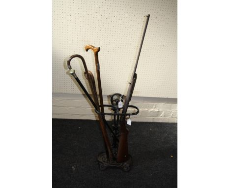 A Victorian two division cast iron stick stand with scallop tray, containing root section bamboo and other canes and an early