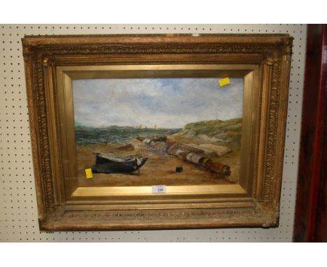 A R Albert (19th century British) Tenders and a broken mast on a sandy beach at mid-tide oil on canvas, signed lower right 29