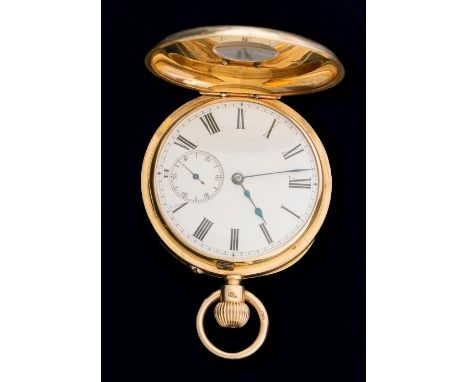 A Victorian 18ct gold half hunting cased keyless lever watch, with enamelled chapter ring, the white enamel dial with Roman n