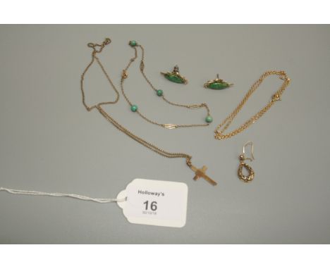 A yellow metal necklace, possibly French, a pair of jade set foliate earrings, a 9ct gold cross and chain and two further ite