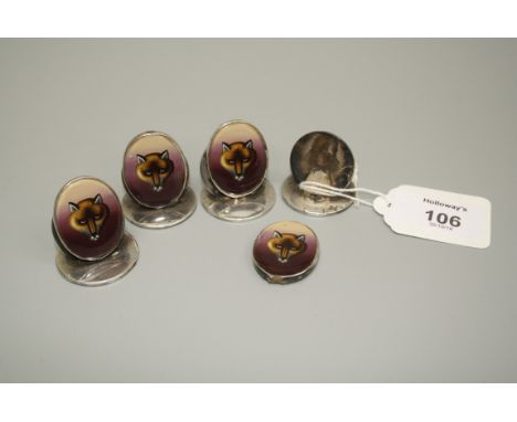 A set of early 20th century and hard enamel name place holders, each decorated with the mask of a fox,  Chester 1909, by Samp